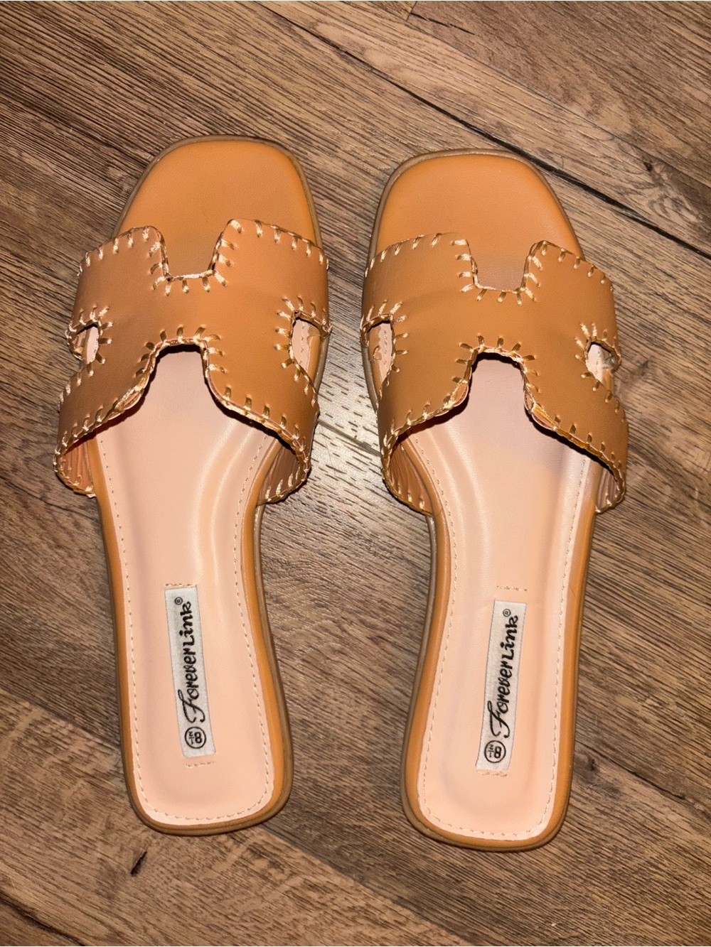 Forever Link Tan Slide Sandals with Stitched Cutout Upper